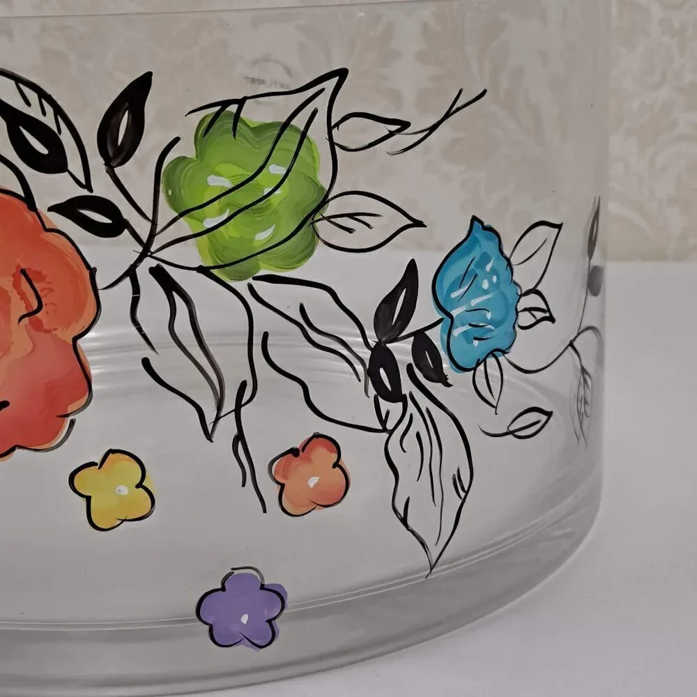 Artland Laurie Gates Clear Glass Bowl with Multi Color Hand Painted Flowers